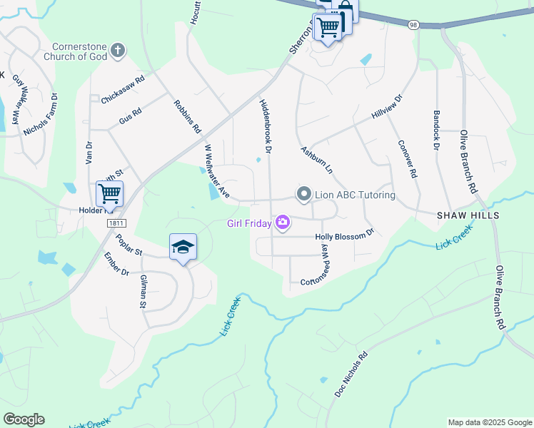 map of restaurants, bars, coffee shops, grocery stores, and more near 644 Hiddenbrook Drive in Durham