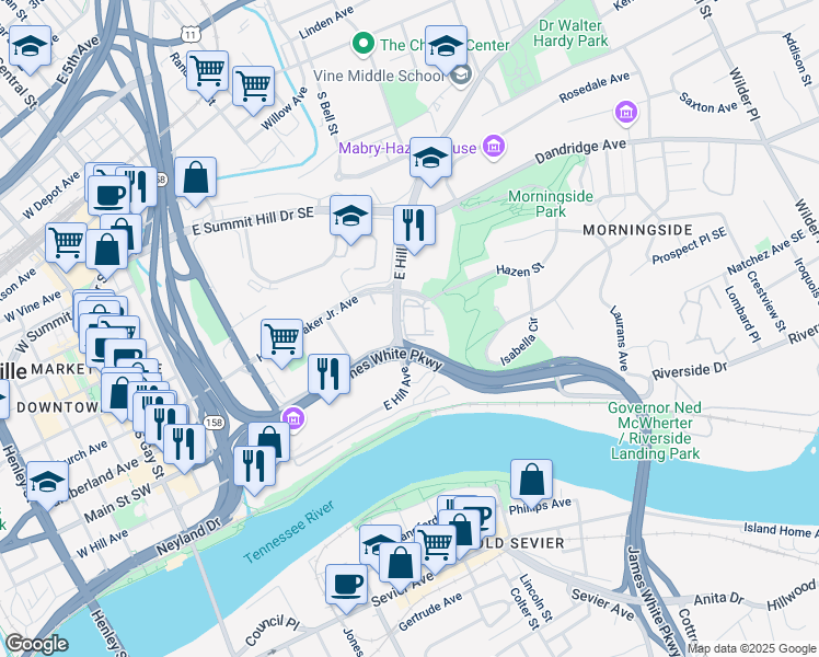 map of restaurants, bars, coffee shops, grocery stores, and more near in Knoxville