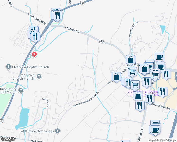 map of restaurants, bars, coffee shops, grocery stores, and more near 135 Cook's Court in Brentwood