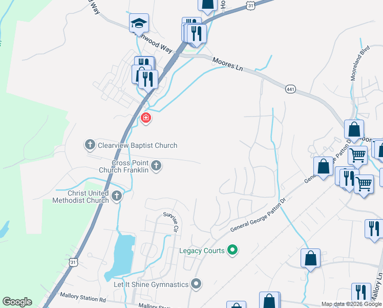 map of restaurants, bars, coffee shops, grocery stores, and more near 1222 Country Road in Franklin