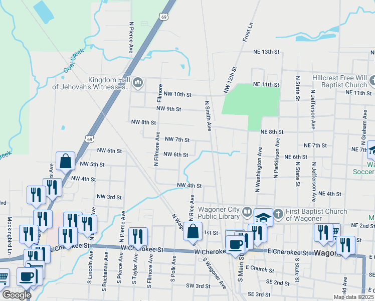 map of restaurants, bars, coffee shops, grocery stores, and more near 417 Northwest 7th Street in Wagoner