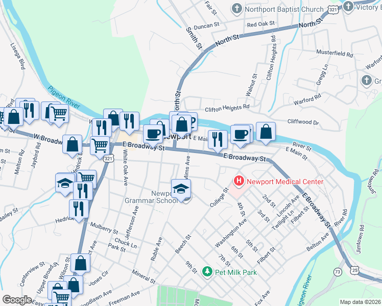 map of restaurants, bars, coffee shops, grocery stores, and more near 301 E Main St in Newport