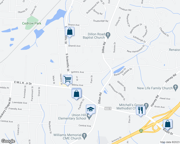 map of restaurants, bars, coffee shops, grocery stores, and more near 3119A Bowers Avenue in High Point