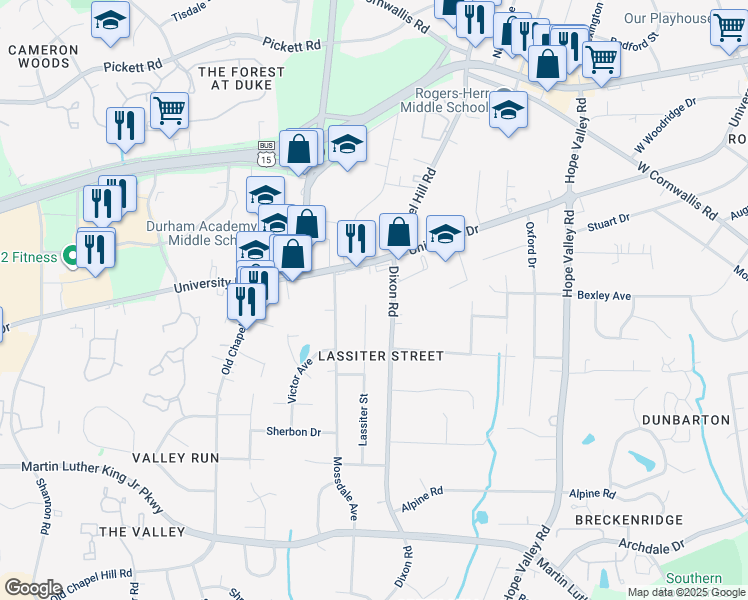 map of restaurants, bars, coffee shops, grocery stores, and more near 3103 Lassiter Street in Durham