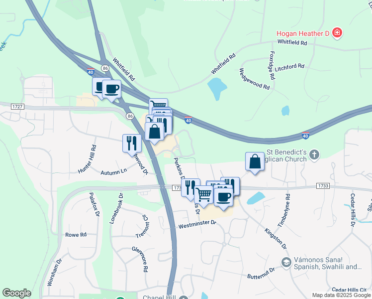 map of restaurants, bars, coffee shops, grocery stores, and more near 109 Adair Street in Chapel Hill