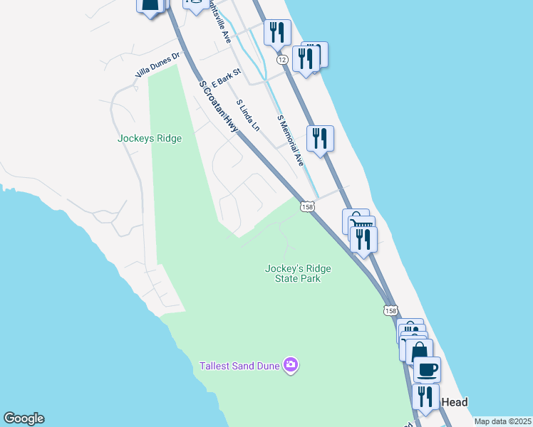 map of restaurants, bars, coffee shops, grocery stores, and more near 225 South Cuttysark Lane in Kill Devil Hills