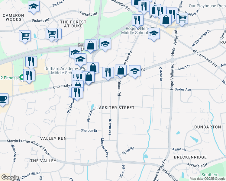 map of restaurants, bars, coffee shops, grocery stores, and more near 3103 Lassiter Street in Durham