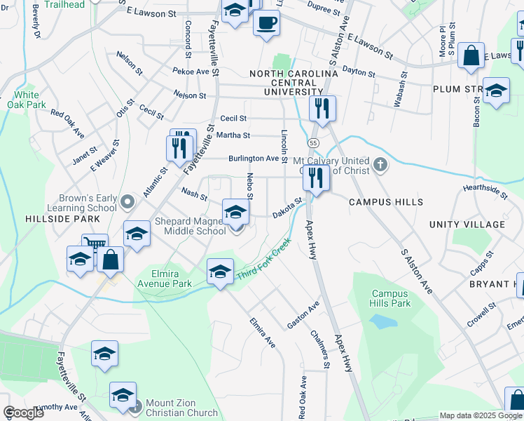 map of restaurants, bars, coffee shops, grocery stores, and more near 2422 Anacosta Street in Durham