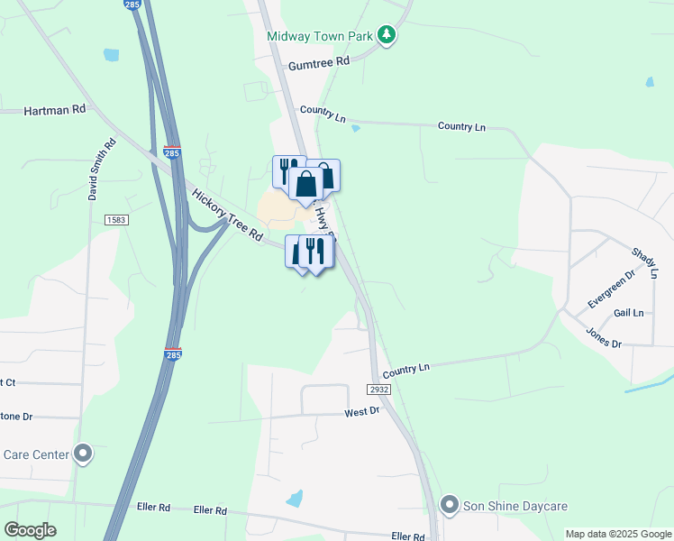 map of restaurants, bars, coffee shops, grocery stores, and more near 187 Hickory Tree Road in Winston-Salem