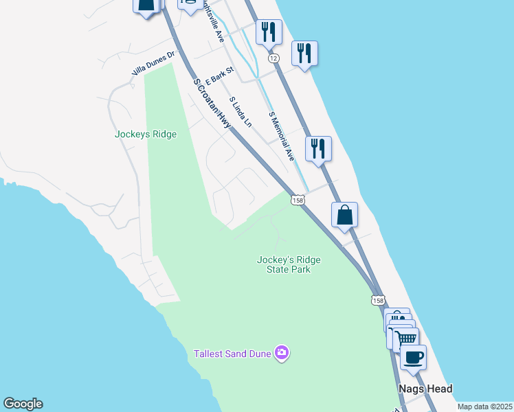 map of restaurants, bars, coffee shops, grocery stores, and more near 225 South Cuttysark Lane in Kill Devil Hills