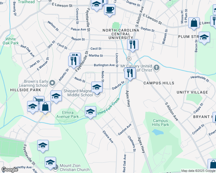 map of restaurants, bars, coffee shops, grocery stores, and more near 2422 Anacosta Street in Durham