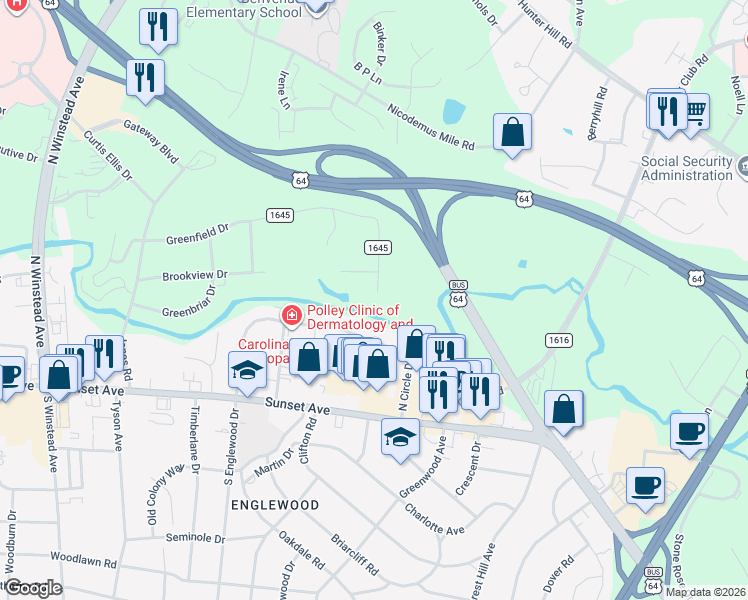 map of restaurants, bars, coffee shops, grocery stores, and more near 213 Mansill Drive in Rocky Mount