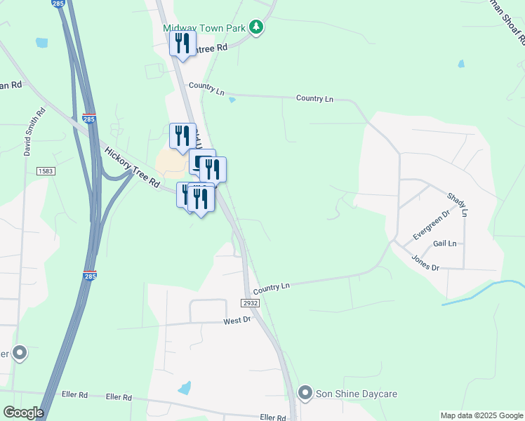 map of restaurants, bars, coffee shops, grocery stores, and more near 181 Elm Ln in Winston-Salem