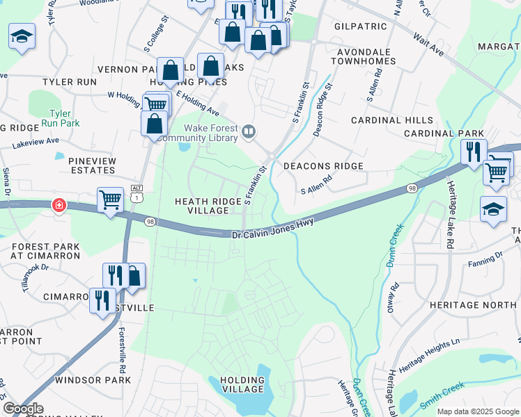 map of restaurants, bars, coffee shops, grocery stores, and more near in Wake Forest