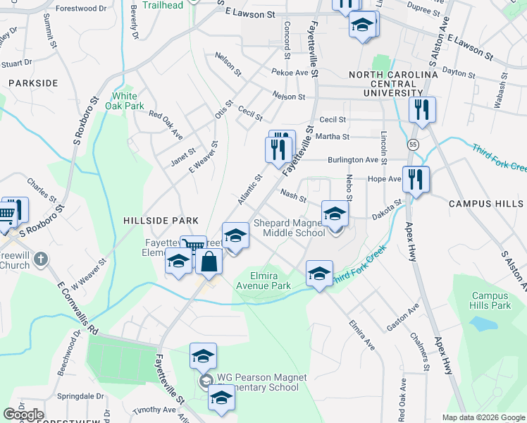 map of restaurants, bars, coffee shops, grocery stores, and more near 2614 Fayetteville Street in Durham