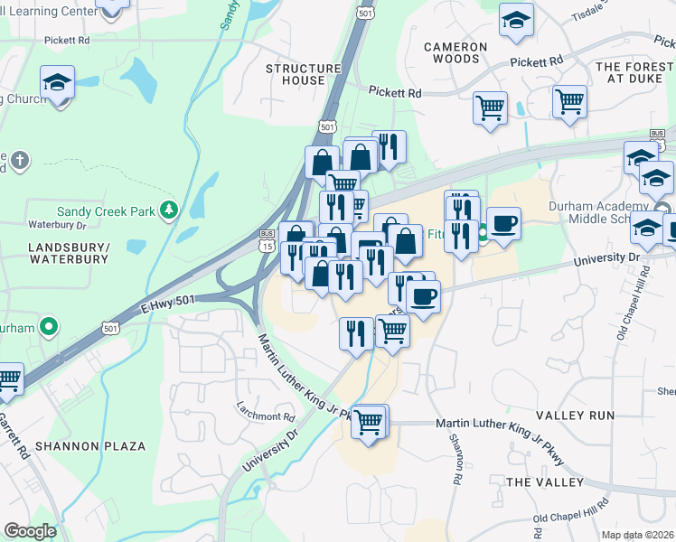 map of restaurants, bars, coffee shops, grocery stores, and more near 3415 Westgate Dr in Durham