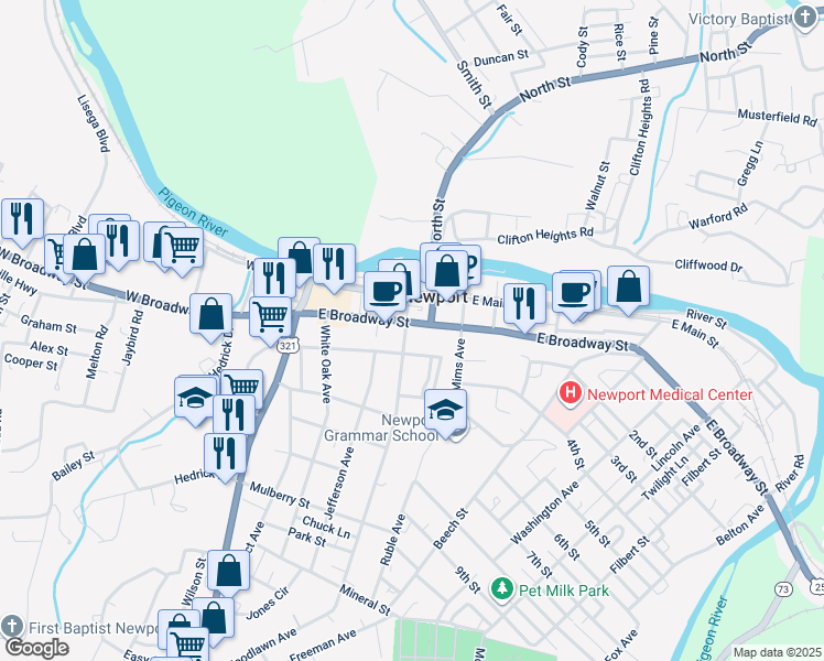 map of restaurants, bars, coffee shops, grocery stores, and more near 111 North Woodlawn Avenue in Newport