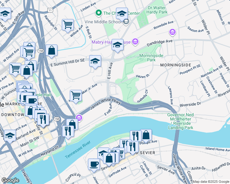 map of restaurants, bars, coffee shops, grocery stores, and more near 811 Evolve Way in Knoxville