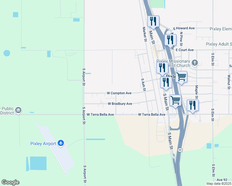 map of restaurants, bars, coffee shops, grocery stores, and more near 600 West Compton Avenue in Pixley