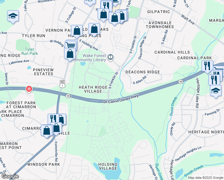 map of restaurants, bars, coffee shops, grocery stores, and more near Townes Park Street in Wake Forest