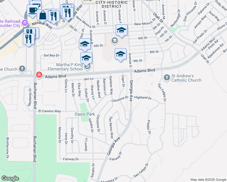 map of restaurants, bars, coffee shops, grocery stores, and more near 1307 Darlene Way in Boulder City
