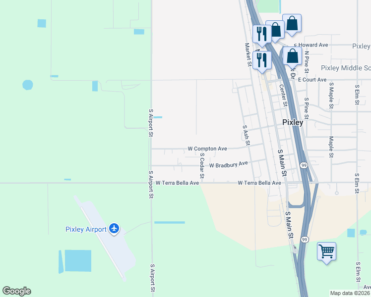 map of restaurants, bars, coffee shops, grocery stores, and more near 600-1098 West Compton Avenue in Pixley