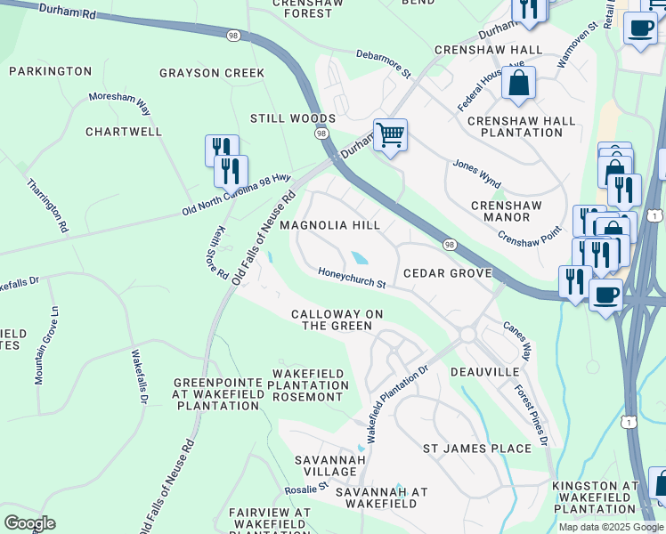map of restaurants, bars, coffee shops, grocery stores, and more near 12512 Honeychurch Street in Raleigh