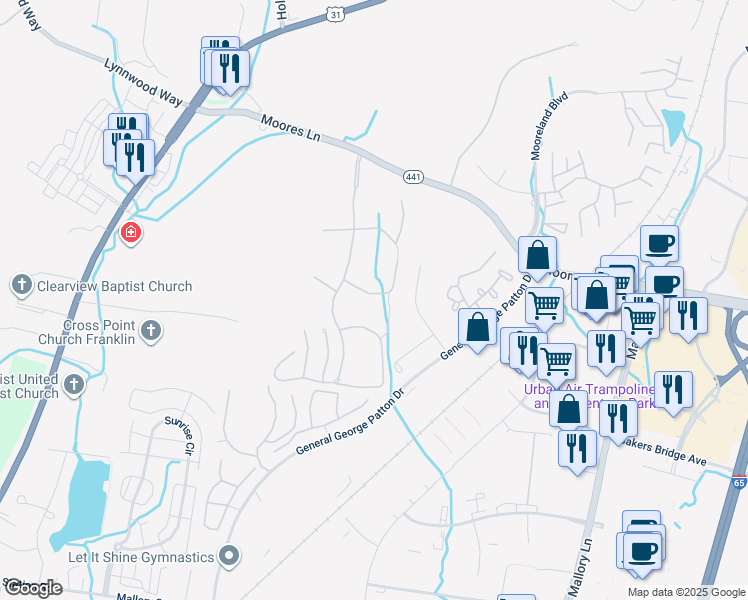 map of restaurants, bars, coffee shops, grocery stores, and more near 425 Cook's Court in Franklin
