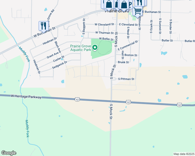 map of restaurants, bars, coffee shops, grocery stores, and more near 612 South Mock Street in Prairie Grove