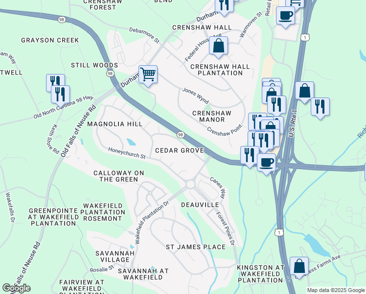 map of restaurants, bars, coffee shops, grocery stores, and more near 12343 Basketweave Drive in Raleigh