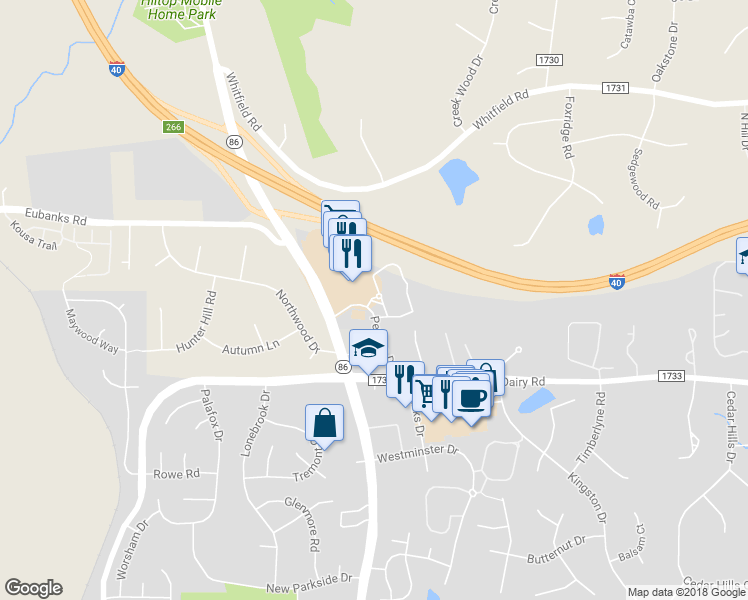 map of restaurants, bars, coffee shops, grocery stores, and more near 724 Perkins Drive in Chapel Hill