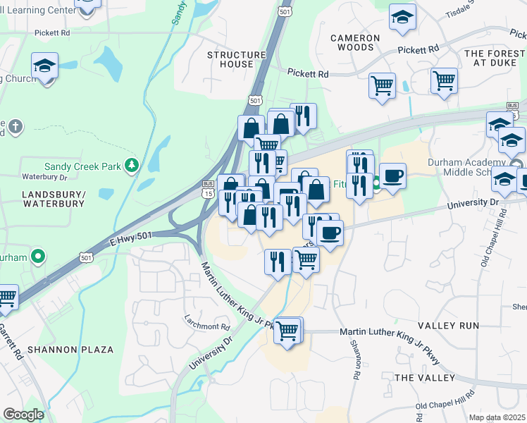 map of restaurants, bars, coffee shops, grocery stores, and more near 3415 Westgate Drive in Durham