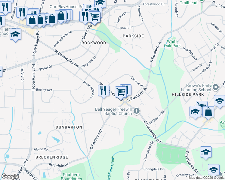 map of restaurants, bars, coffee shops, grocery stores, and more near 2100 Charles Street in Durham