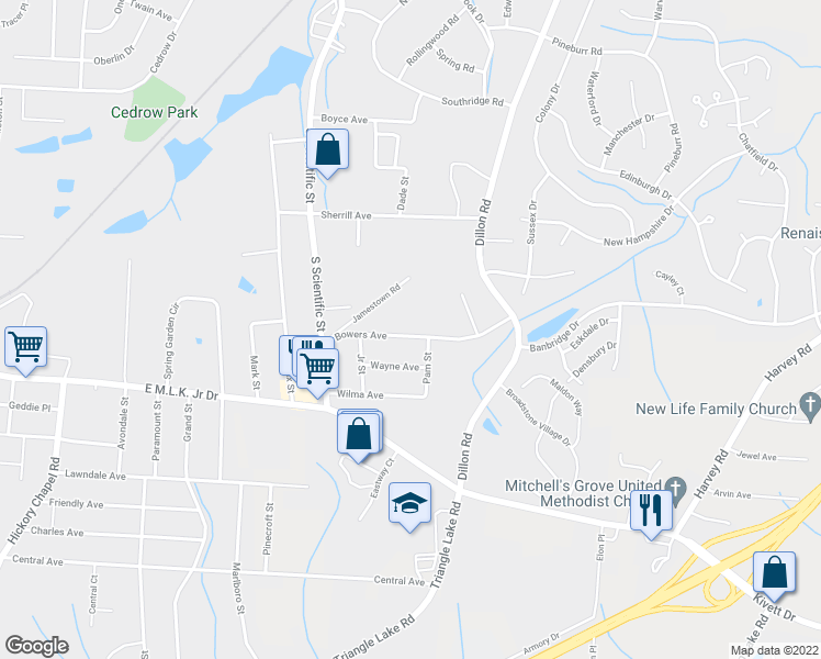 map of restaurants, bars, coffee shops, grocery stores, and more near 3117 Bowers Avenue in High Point