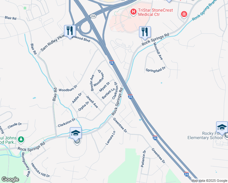 map of restaurants, bars, coffee shops, grocery stores, and more near 415 Clarkston Drive in Smyrna