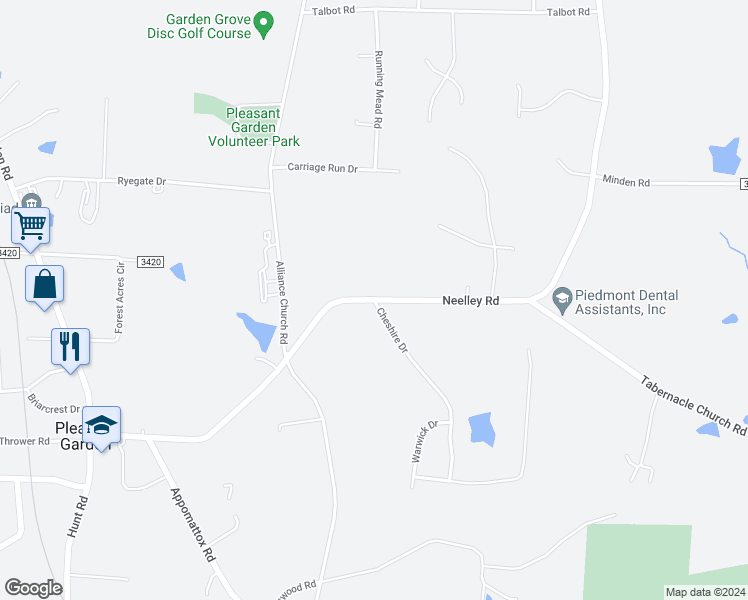 map of restaurants, bars, coffee shops, grocery stores, and more near Neelley Road in Pleasant Garden