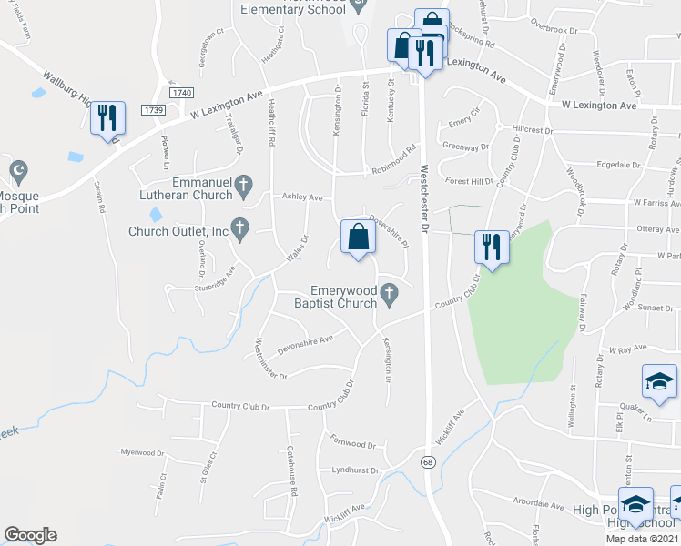 map of restaurants, bars, coffee shops, grocery stores, and more near 1315 Hempshire Court in High Point