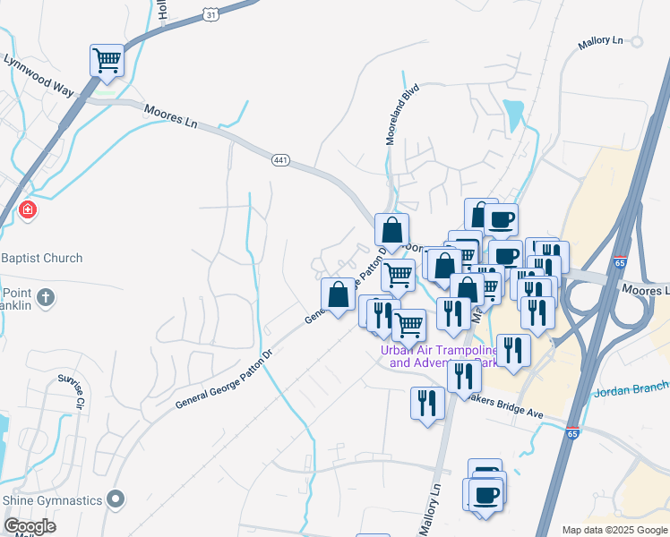 map of restaurants, bars, coffee shops, grocery stores, and more near 104 Brentwood Point in Brentwood