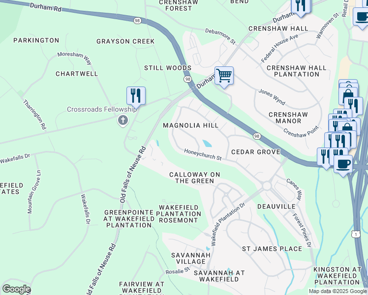 map of restaurants, bars, coffee shops, grocery stores, and more near 12528 Honeychurch Street in Raleigh