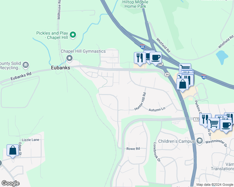 map of restaurants, bars, coffee shops, grocery stores, and more near 103 Livingston Place in Chapel Hill