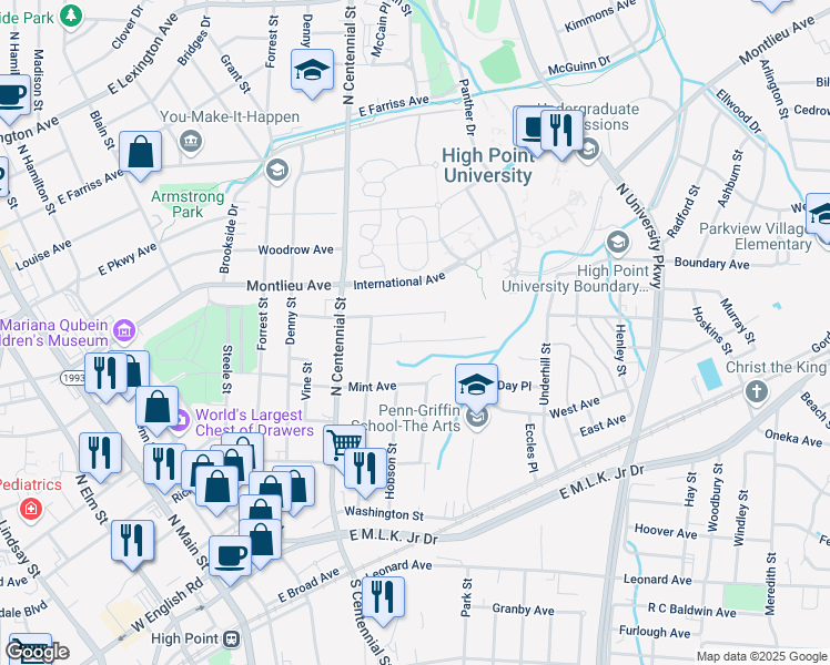 map of restaurants, bars, coffee shops, grocery stores, and more near 821 Willow Place in High Point