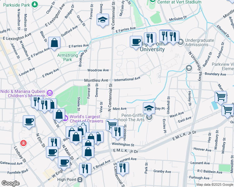 map of restaurants, bars, coffee shops, grocery stores, and more near 708 Barbee Avenue in High Point