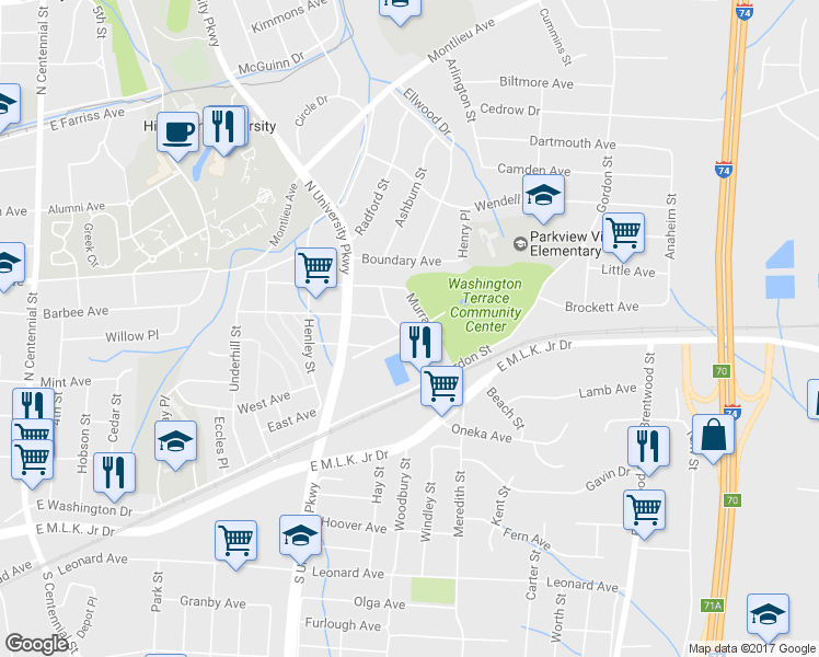 map of restaurants, bars, coffee shops, grocery stores, and more near 1801 Brooks Avenue in High Point