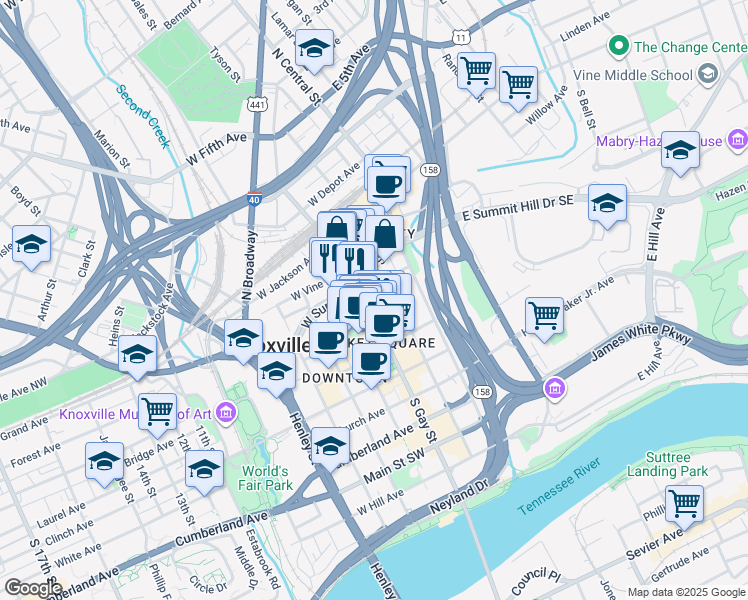 map of restaurants, bars, coffee shops, grocery stores, and more near 308 South Gay Street in Knoxville