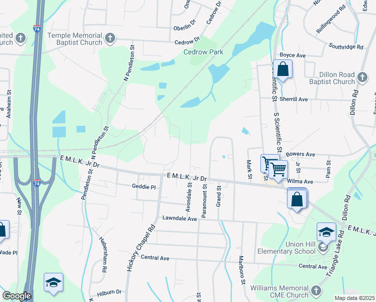 map of restaurants, bars, coffee shops, grocery stores, and more near 118 Avondale Street in High Point