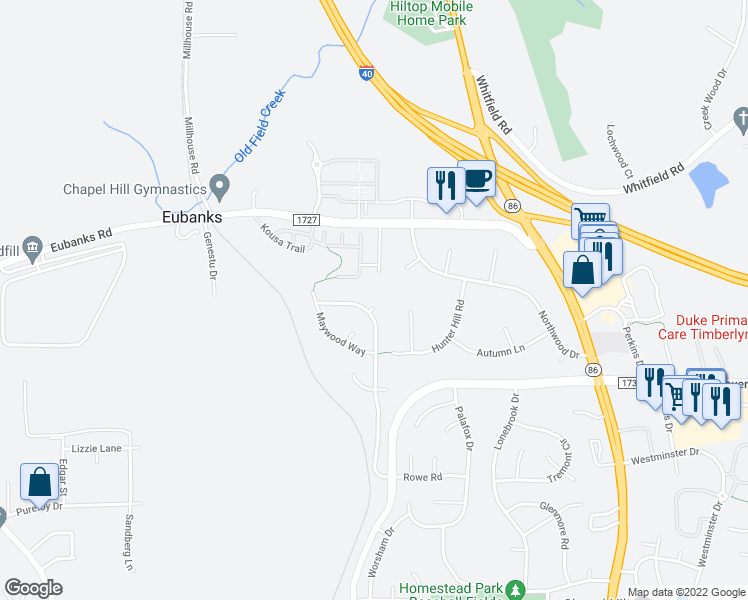 map of restaurants, bars, coffee shops, grocery stores, and more near 103 Livingston Place in Chapel Hill