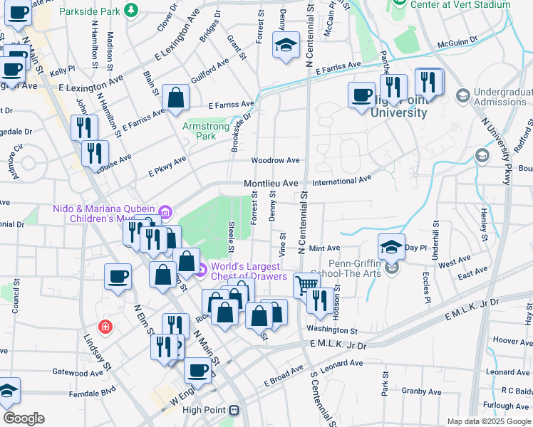 map of restaurants, bars, coffee shops, grocery stores, and more near 521 Denny Street in High Point