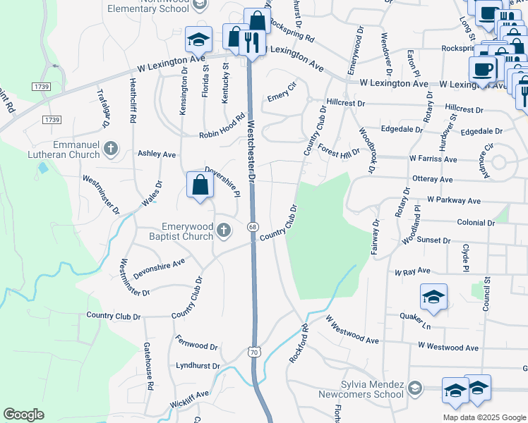 map of restaurants, bars, coffee shops, grocery stores, and more near 1109 Rockford Road in High Point