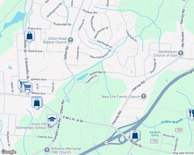map of restaurants, bars, coffee shops, grocery stores, and more near 1691 Coryton Way in High Point