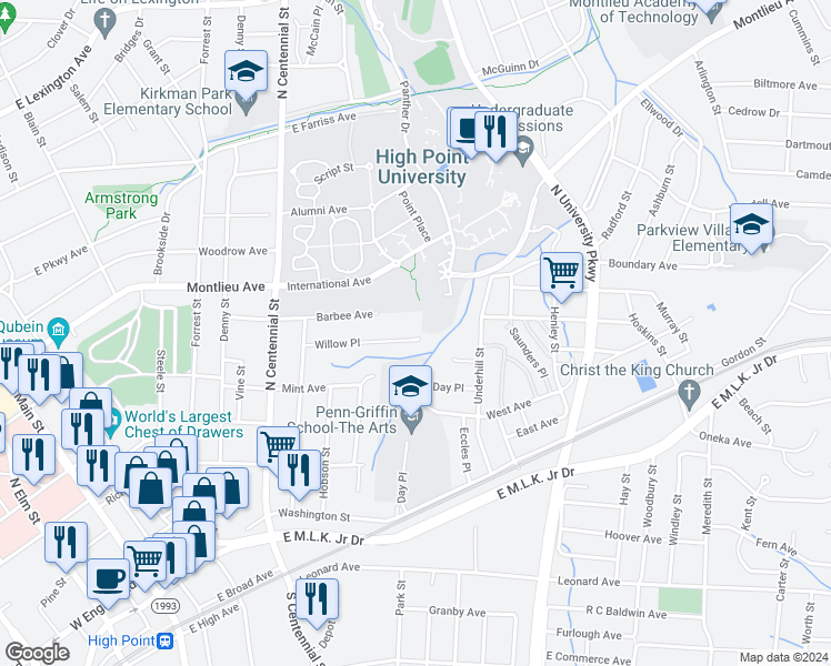 map of restaurants, bars, coffee shops, grocery stores, and more near 845 Willow Place in High Point